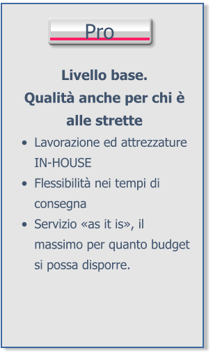 Pro Livello base.Qualità anche per chi è alle strette •	Lavorazione ed attrezzatureIN-HOUSE •	Flessibilità nei tempi di consegna •	Servizio «as it is», il massimo per quanto budget si possa disporre.